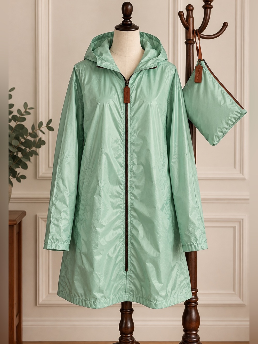 Longchamp Mint Green Packable Hooded Raincoat Nylon L Parisian Chic